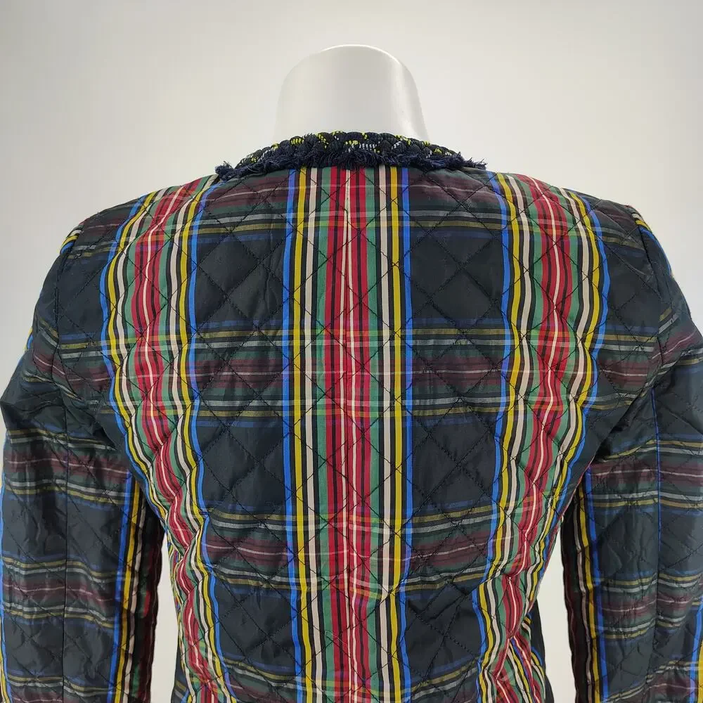 J.Crew Quilted Lady Jacket Stewart Plaid Braided Trim Collarless Size 2